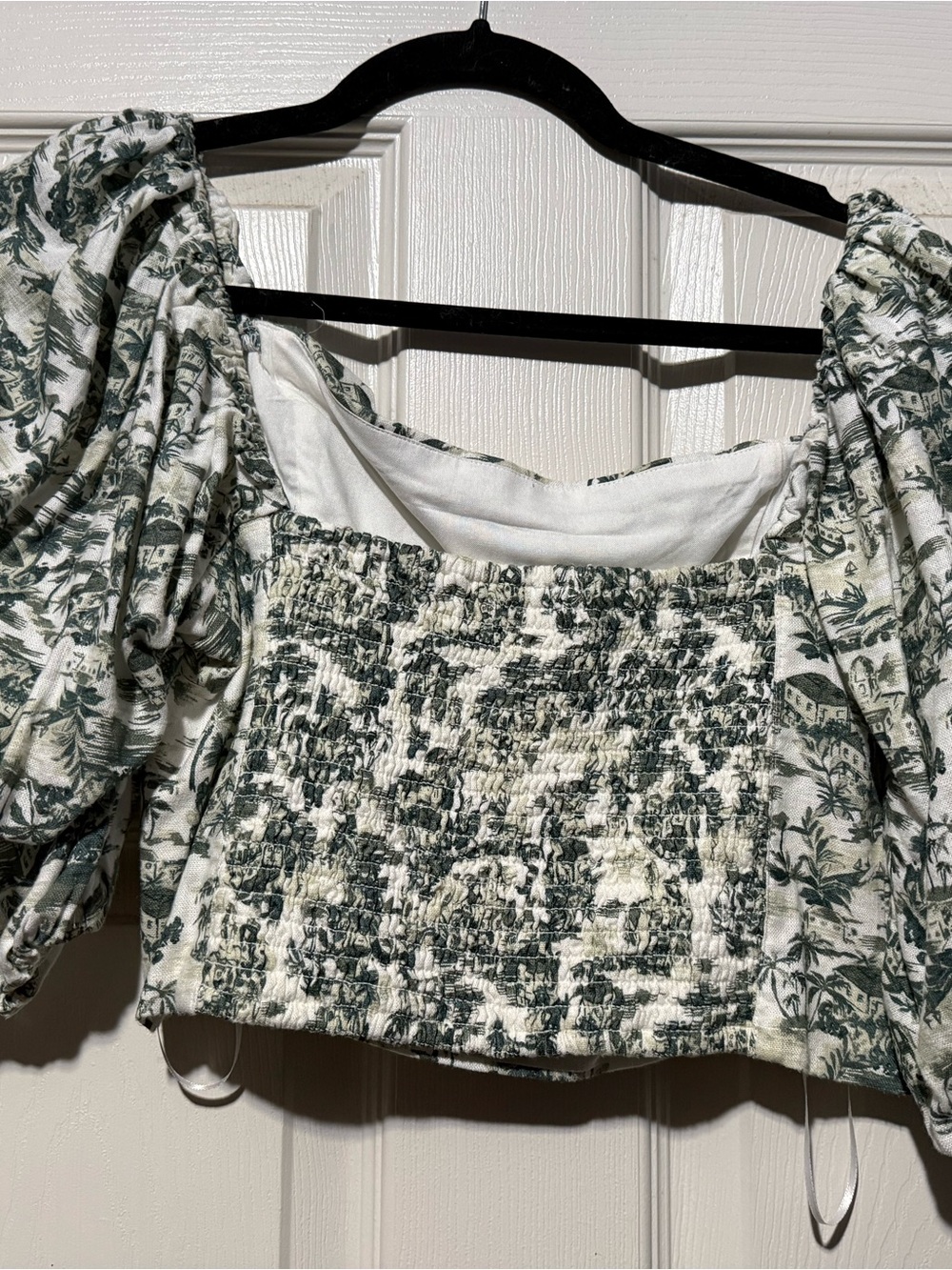 Abercrombie & Fitch Green Toile Smocked Puff Sleeve Crop Top
